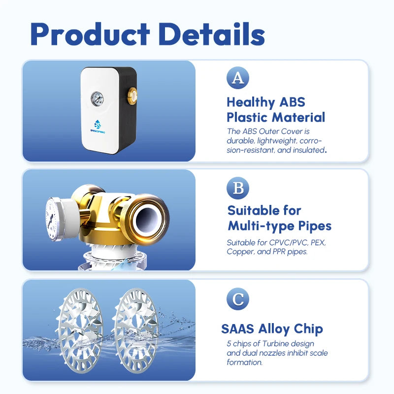 BriskSpring No Salt Water Softener System Whole House Water Conditioner & Descaler Anti-Limescale for Hard Water 6T/H Large Flow